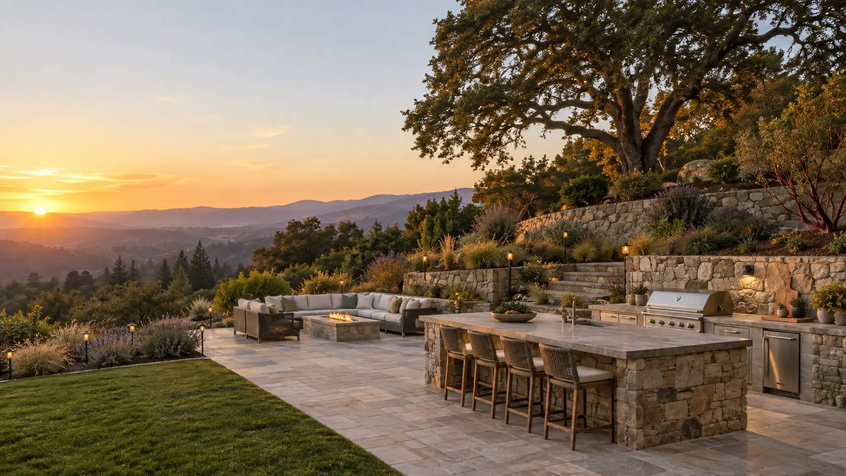 Terraced stone retaining walls, paver patio and outdoor kitchen at golden hour in the Saratoga foothills
